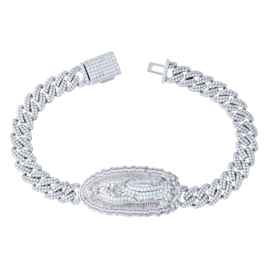 Sterling Silver Unisex 6.27 Cttw Moissanite Guadalupe Religious Charm Bracelet Size 8.5 Inches
