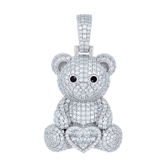 Sterling Silver Mens 3.52 Cttw Round 0.33 Cttw Baguette Black White Moissanite Teddy Bear Heart Pendant