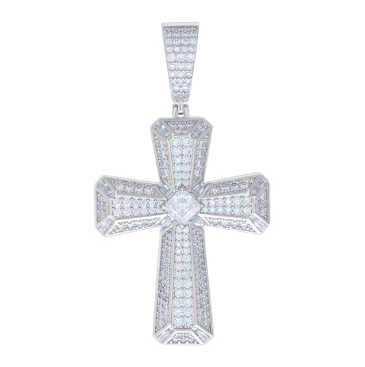 Sterling Silver Mens 2.68 Cttw Round 2.28 Cttw Baguette Moissanite Cross Religious Pendant