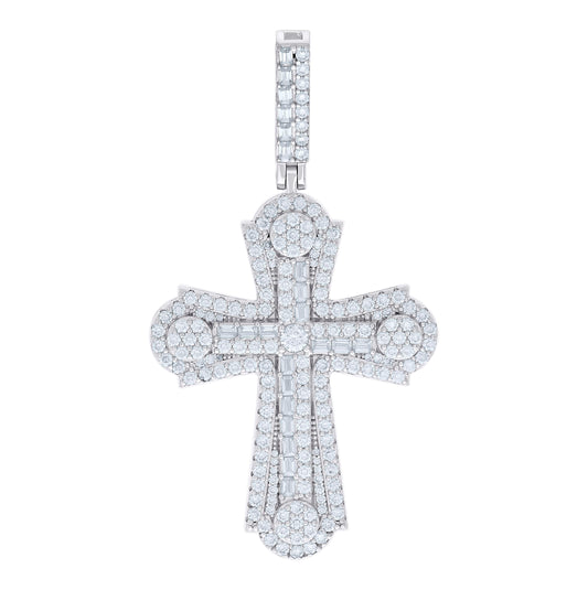 Sterling Silver Mens 4.06ct Round 0.95ct Baguette Moissanite Cross Religious Pendant