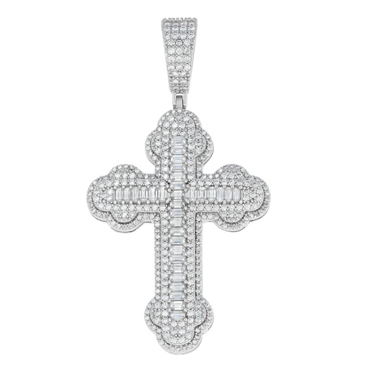 Sterling Silver Mens Round 2.1 Cttw, Baguette 1.69 Cttw Moissanite Cross Religious Pendant