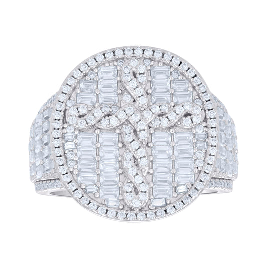 Sterling Silver Mens 0.76ct Round 2.9ct Baguette Moissanite Cross Religious Bridal Anniversary Wedding Engagement Band Ring