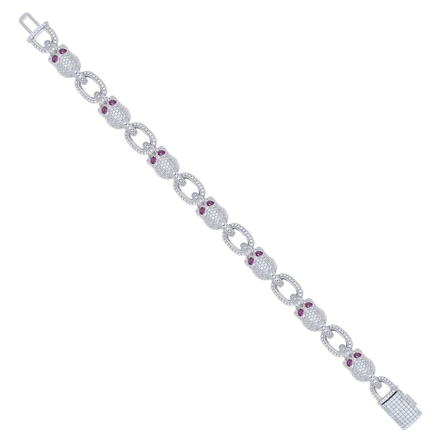 Sterling Silver Mens Red White Cubic-Zirconia Skull Link Fashion Bracelet Size 8 Inches