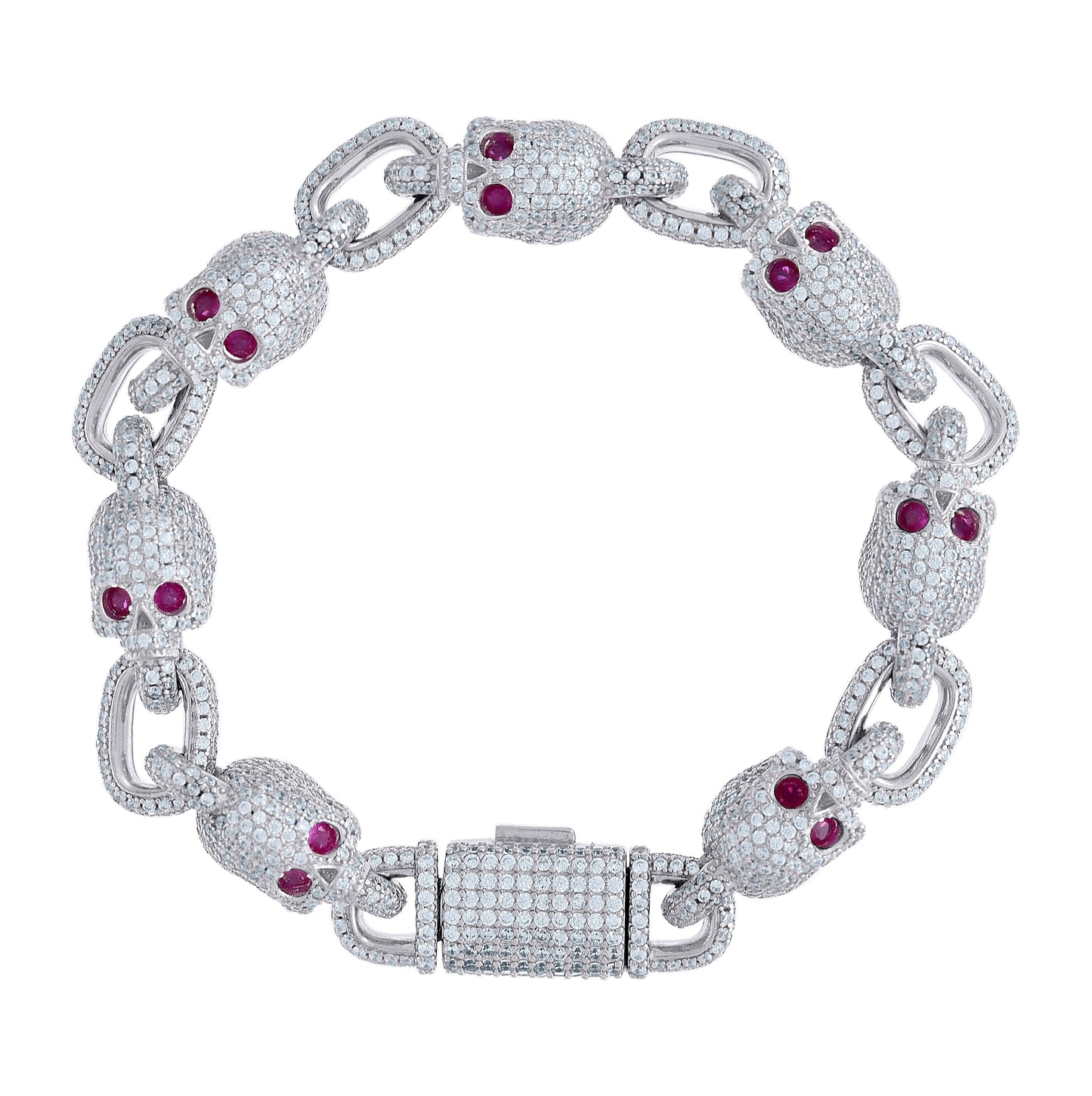Sterling Silver Mens Red White Cubic-Zirconia Skull Link Fashion Bracelet Size 8 Inches