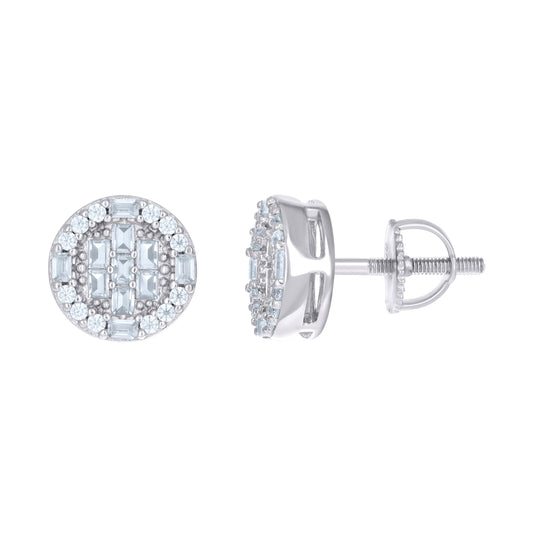 Sterling Silver Women Baguette Round Cubic-Zirconia Round Fashion Stud Earrings