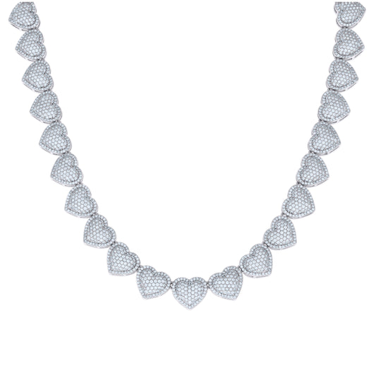 Sterling Silver Womens Cubic-Zirconia Heart Link Necklace 12mm
