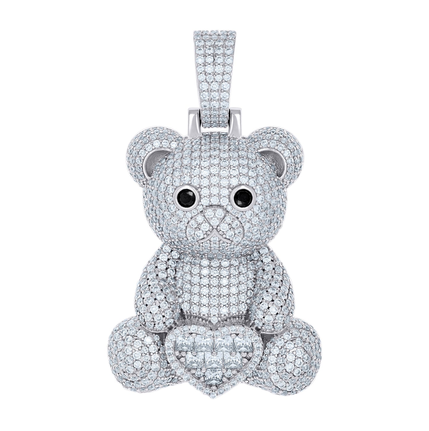 Sterling Silver Women Black White Cubic-Zirconia Teddy Bear Heart Charm Pendant