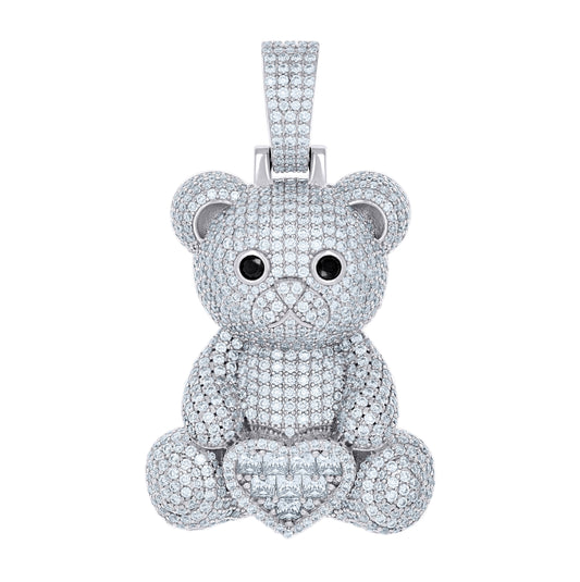 Sterling Silver Women Black White Cubic-Zirconia Teddy Bear Heart Charm Pendant