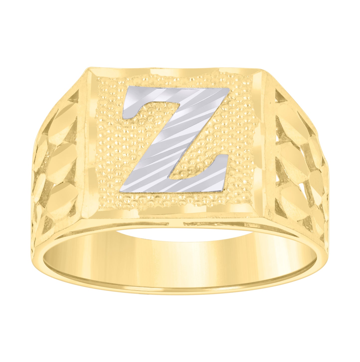 10K Two-Tone Gold Mens Diamond-Cut Textured Initial Letter Band Ring