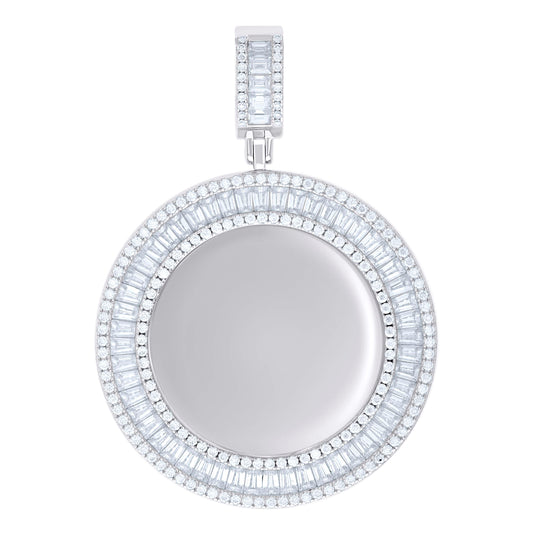 Sterling Silver Unisex Round Baguette Cubic-Zirconia Memory Circle Photo Frame Charm Pendant