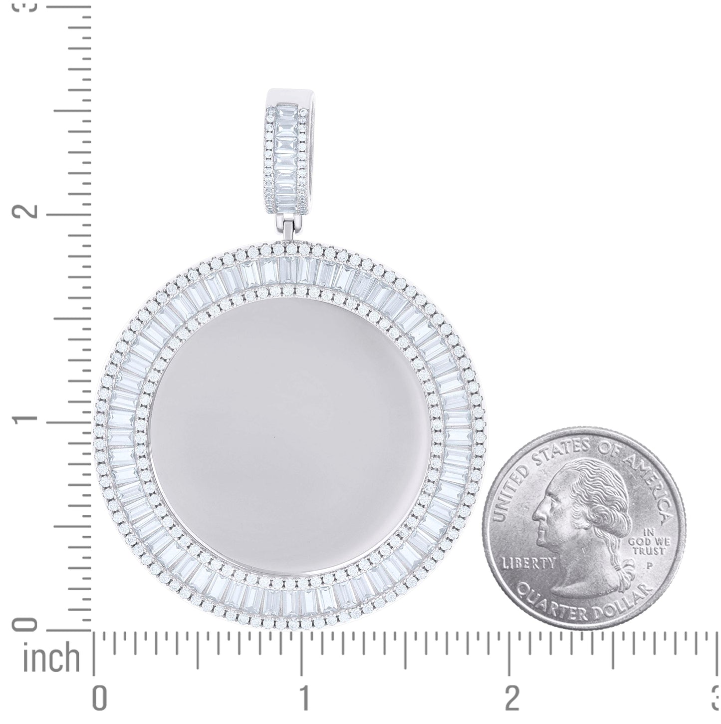 Sterling Silver Unisex Round Baguette Cubic-Zirconia Memory Circle Photo Frame Charm Pendant