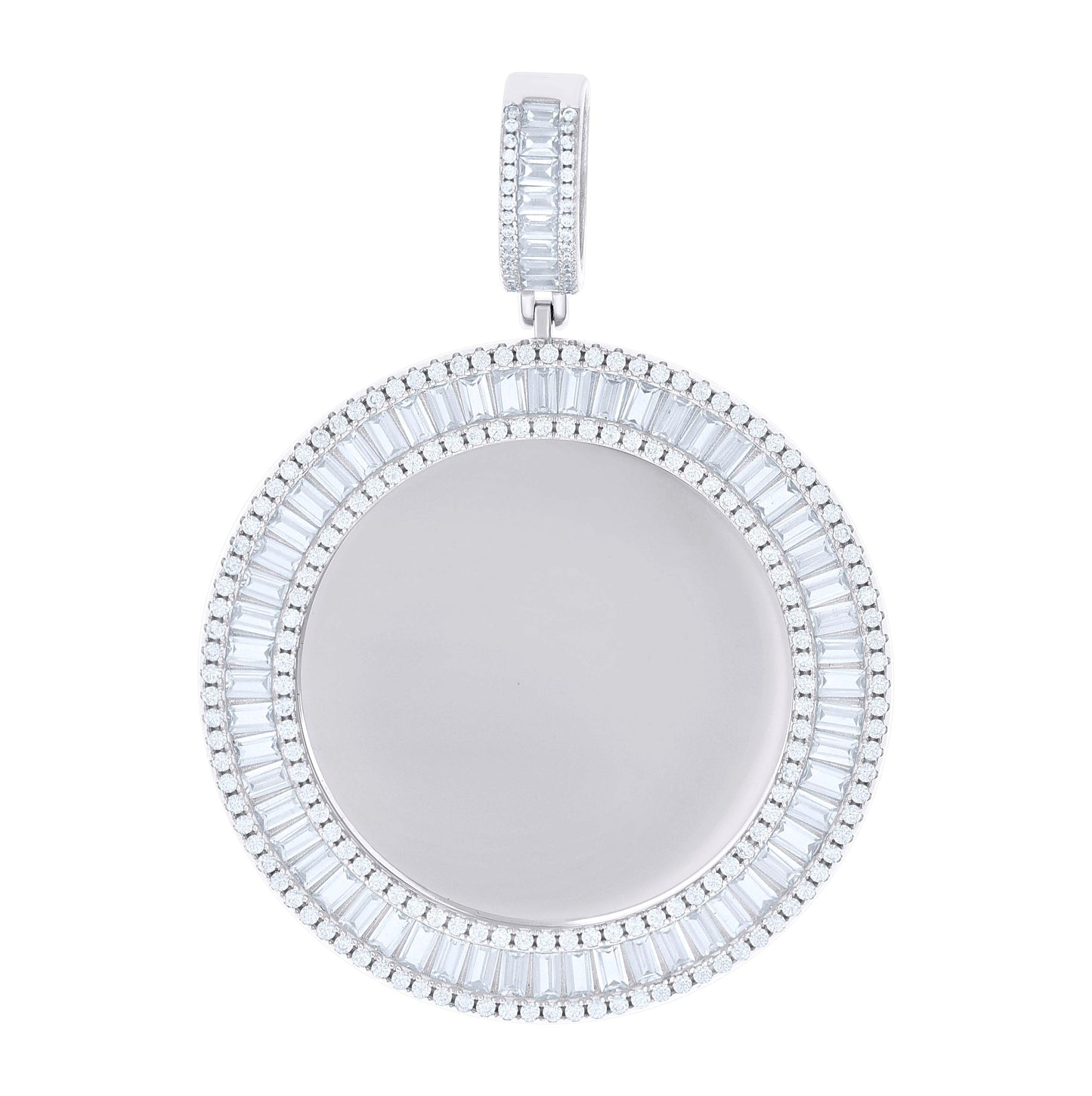 Sterling Silver Unisex Round Baguette Cubic-Zirconia Memory Circle Photo Frame Charm Pendant