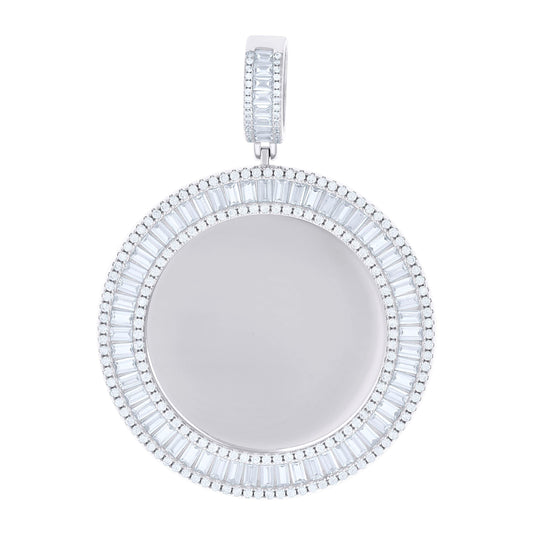 Sterling Silver Unisex Round Baguette Cubic-Zirconia Memory Circle Photo Frame Charm Pendant