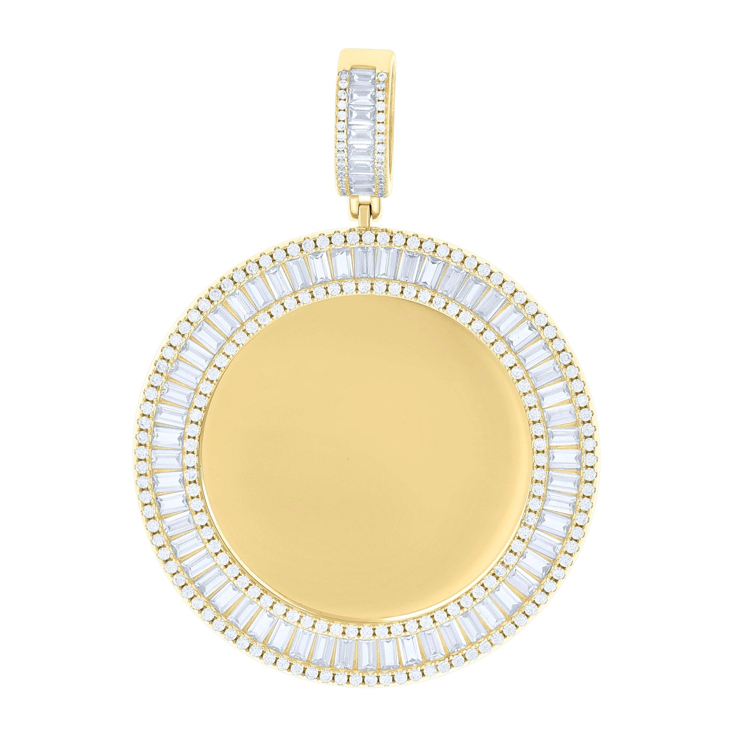 Sterling Silver Yellow-tone Unisex Round Baguette Cubic-Zirconia Memory Circle Photo Frame Charm Pendant