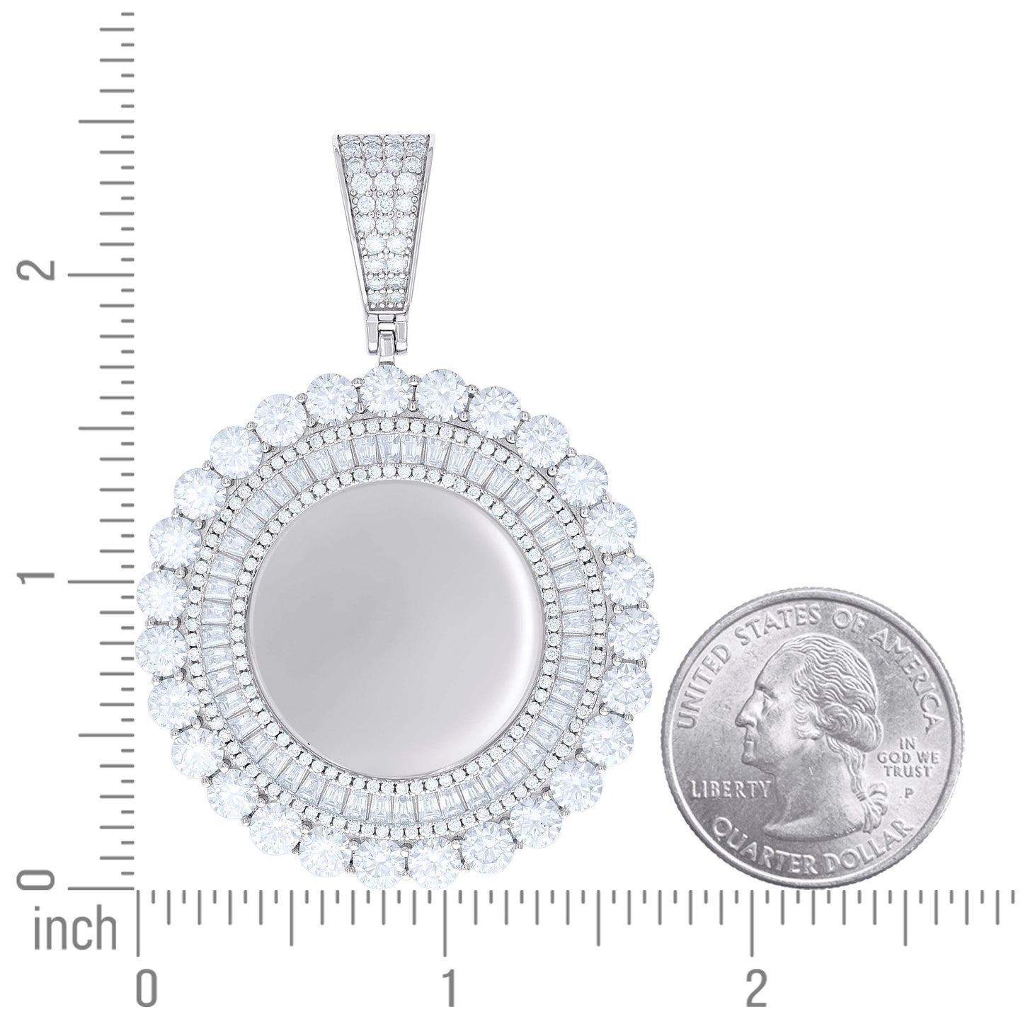 Sterling Silver Unisex Round Baguette Cubic-Zirconia Memory Circle Photo Frame Charm Pendant