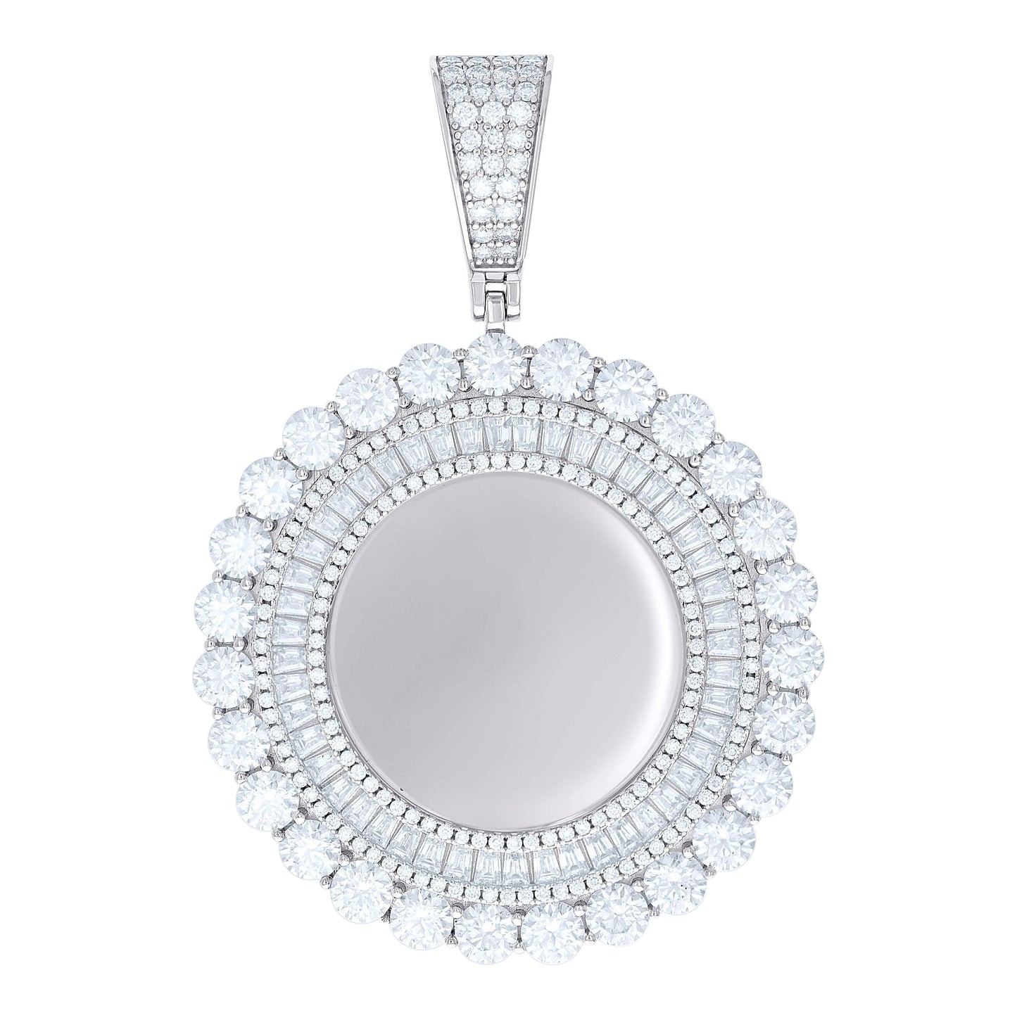 Sterling Silver Unisex Round Baguette Cubic-Zirconia Memory Circle Photo Frame Charm Pendant