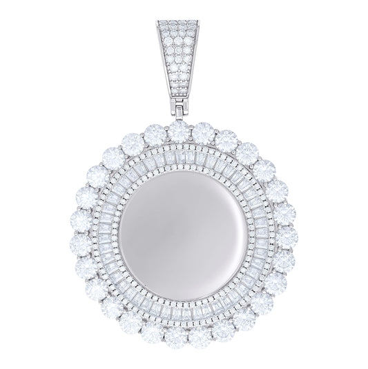 Sterling Silver Unisex Round Baguette Cubic-Zirconia Memory Circle Photo Frame Charm Pendant