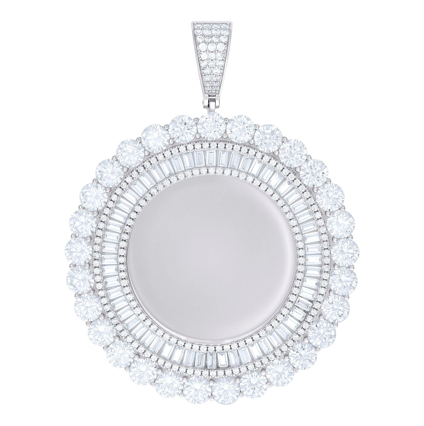Sterling Silver Unisex Round Baguette Cubic-Zirconia Memory Circle Photo Frame Charm Pendant