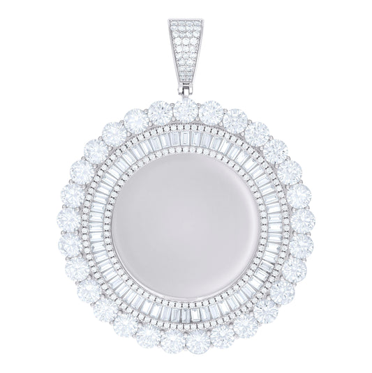 Sterling Silver Unisex Round Baguette Cubic-Zirconia Memory Circle Photo Frame Charm Pendant