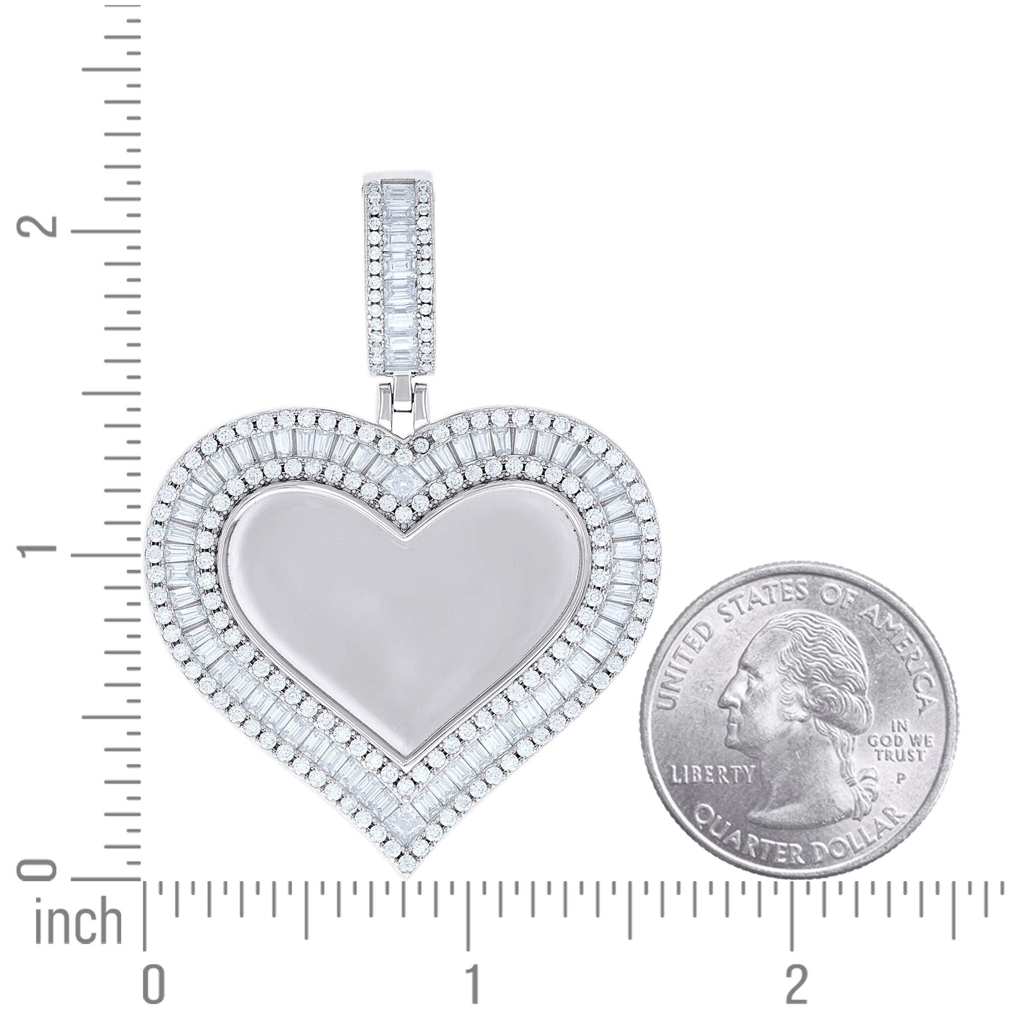 Sterling Silver Women Round Baguette Cubic-Zirconia Heart Photo Frame Charm Pendant