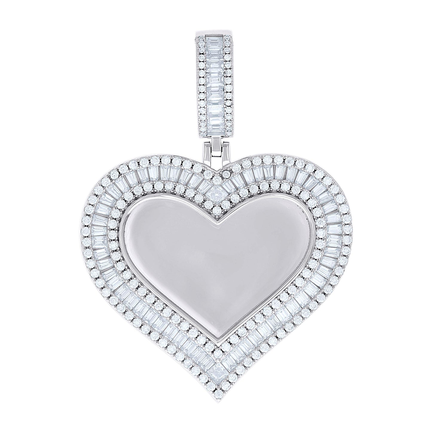 Sterling Silver Women Round Baguette Cubic-Zirconia Heart Photo Frame Charm Pendant