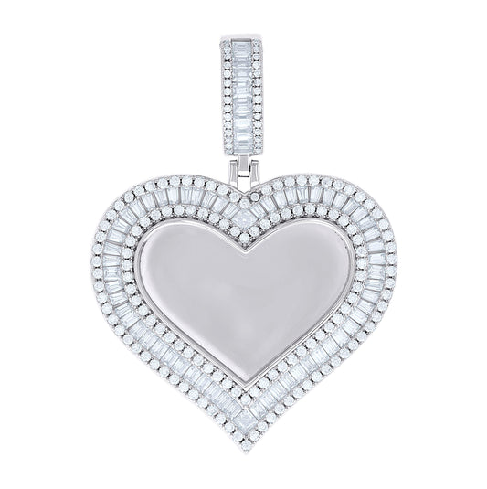 Sterling Silver Women Round Baguette Cubic-Zirconia Heart Photo Frame Charm Pendant