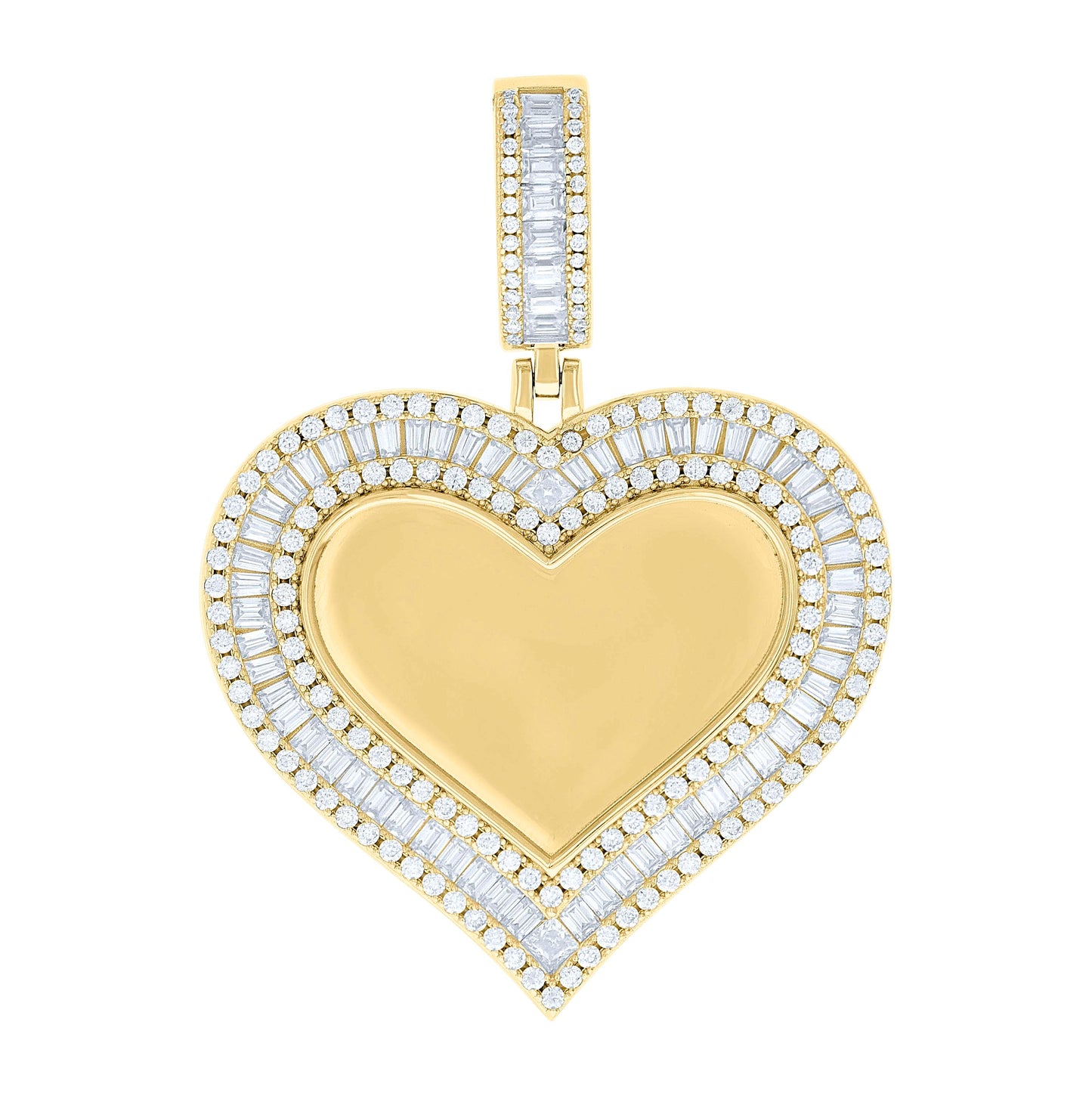Sterling Silver Women Round Baguette Cubic-Zirconia Heart Photo Frame Charm Pendant