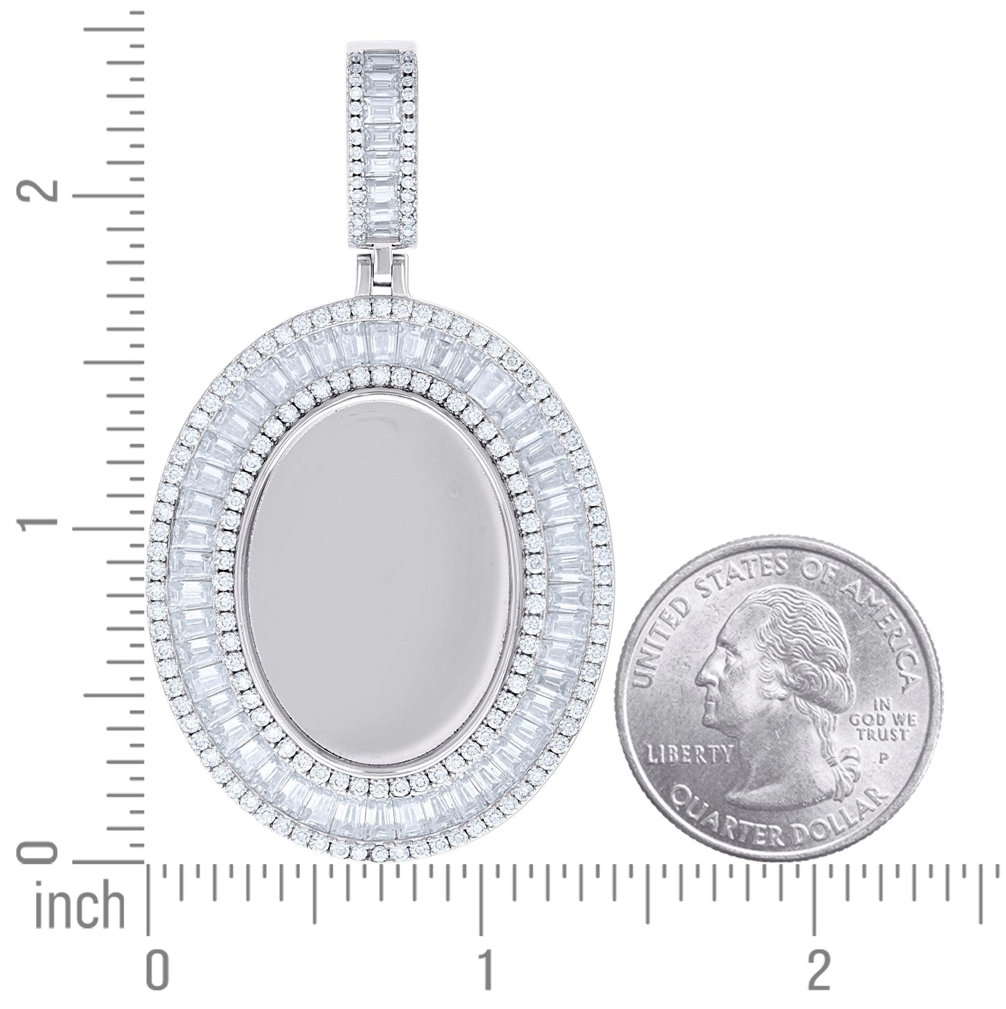 Sterling Silver Unisex Round Baguette Cubic-Zirconia Oval Photo Frame Charm Pendant