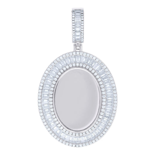 Sterling Silver Unisex Round Baguette Cubic-Zirconia Oval Photo Frame Charm Pendant