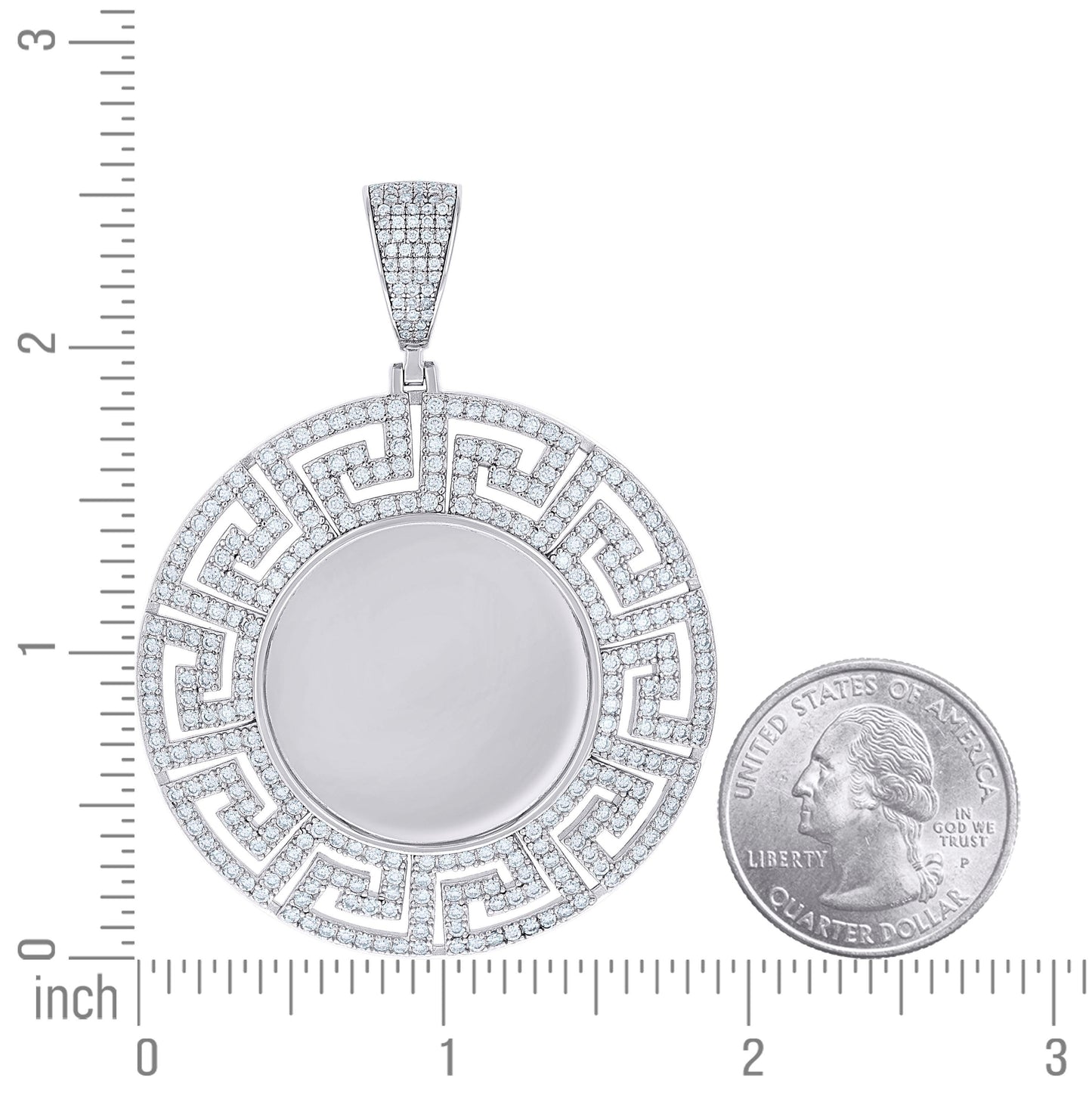 Sterling Silver Unisex Cubic-Zirconia Greek Key Memory Circle Photo Frame Charm Pendant