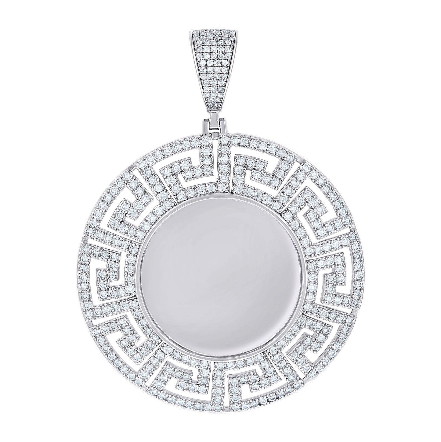 Sterling Silver Unisex Cubic-Zirconia Greek Key Memory Circle Photo Frame Charm Pendant
