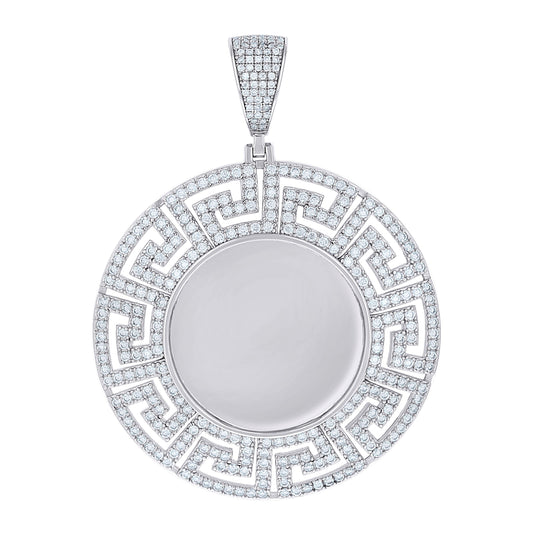 Sterling Silver Unisex Cubic-Zirconia Greek Key Memory Circle Photo Frame Charm Pendant