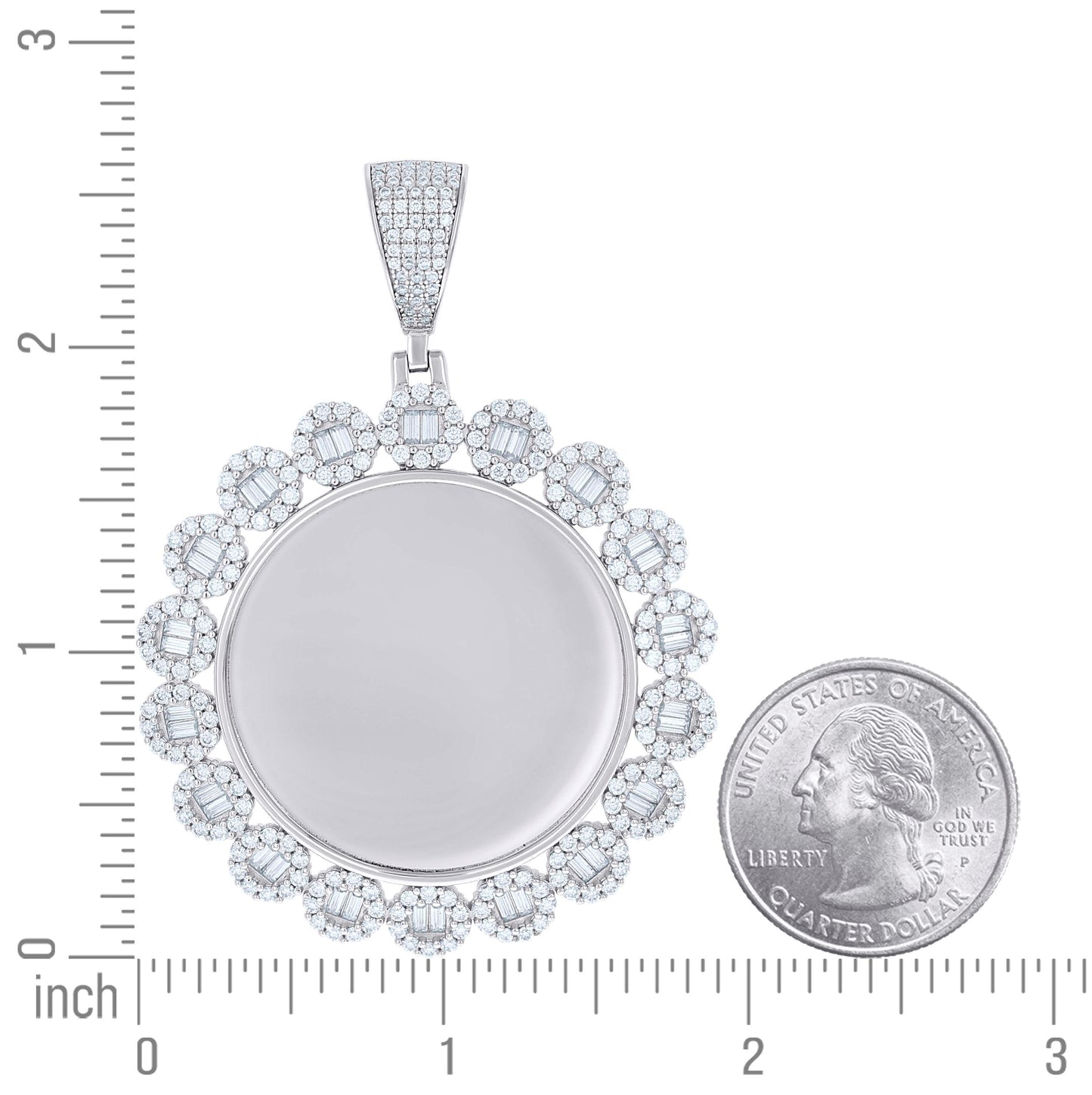 Sterling Silver Unisex Round Baguette Cubic-Zirconia Memory Circle Photo Frame Charm Pendant