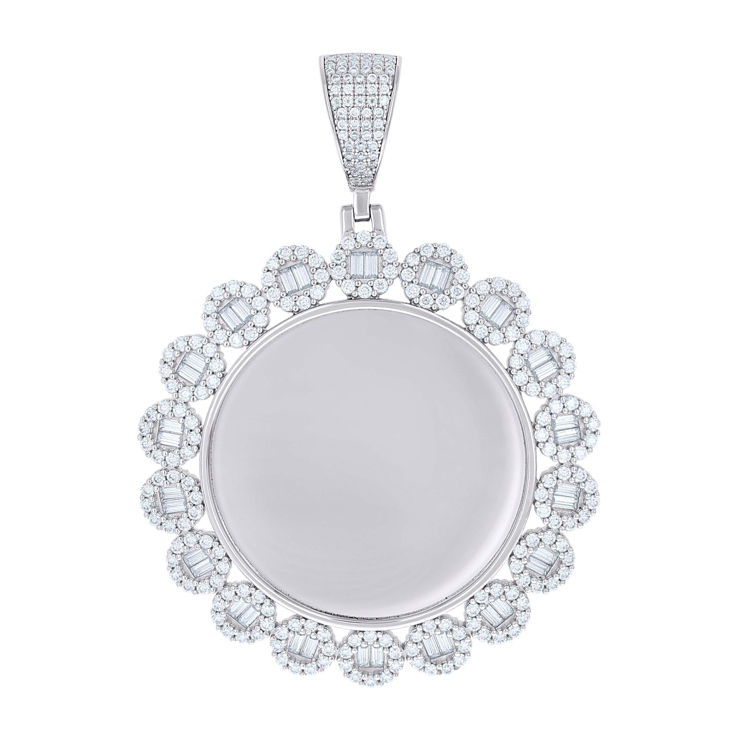 Sterling Silver Unisex Round Baguette Cubic-Zirconia Memory Circle Photo Frame Charm Pendant