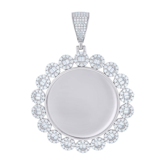 Sterling Silver Unisex Round Baguette Cubic-Zirconia Memory Circle Photo Frame Charm Pendant