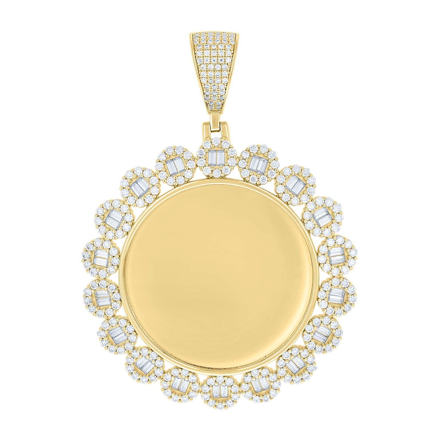 Sterling Silver Unisex Round Baguette Cubic-Zirconia Memory Circle Photo Frame Charm Pendant