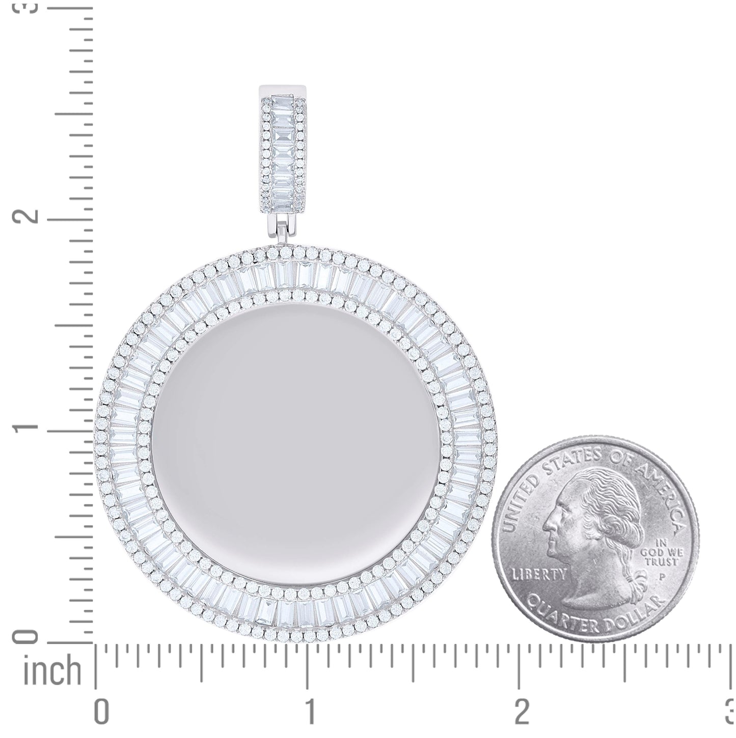 Sterling Silver Unisex Round Baguette Cubic-Zirconia Memory Circle Photo Frame Charm Pendant