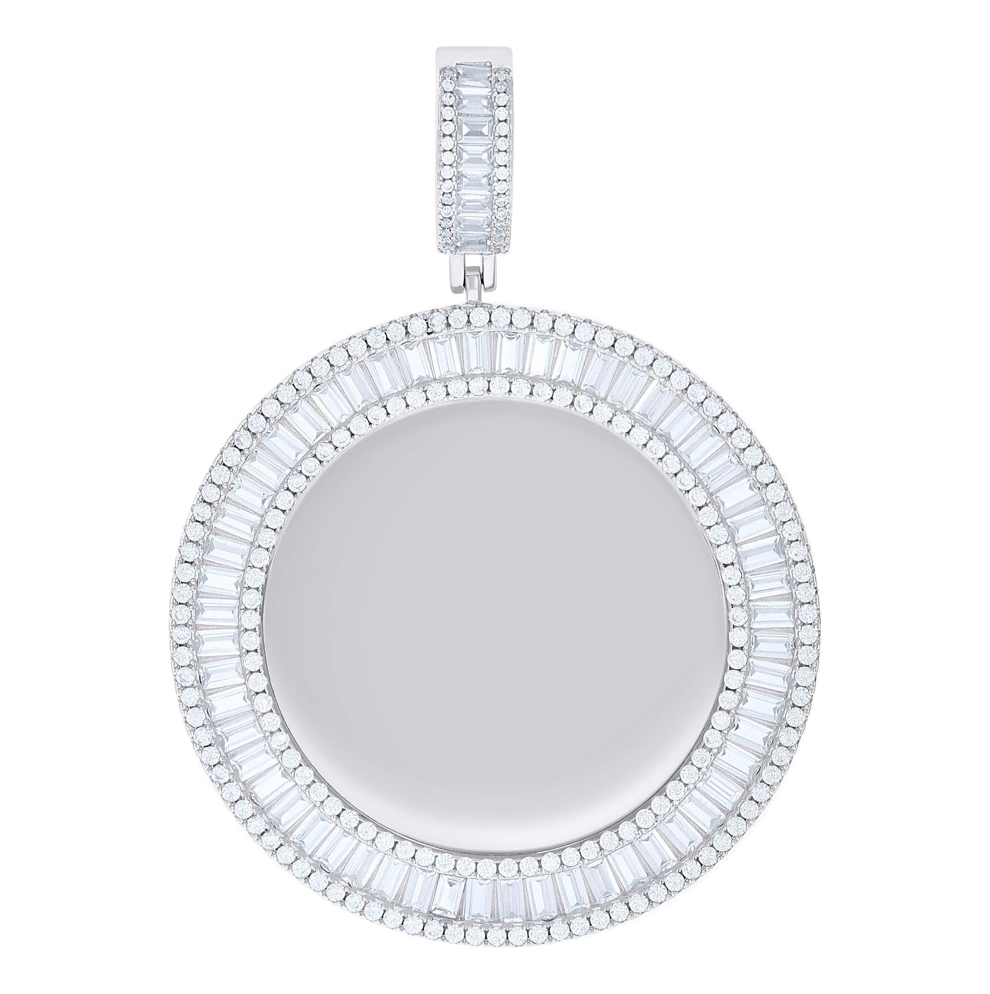 Sterling Silver Unisex Round Baguette Cubic-Zirconia Memory Circle Photo Frame Charm Pendant