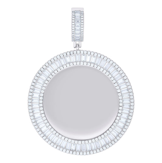 Sterling Silver Unisex Round Baguette Cubic-Zirconia Memory Circle Photo Frame Charm Pendant