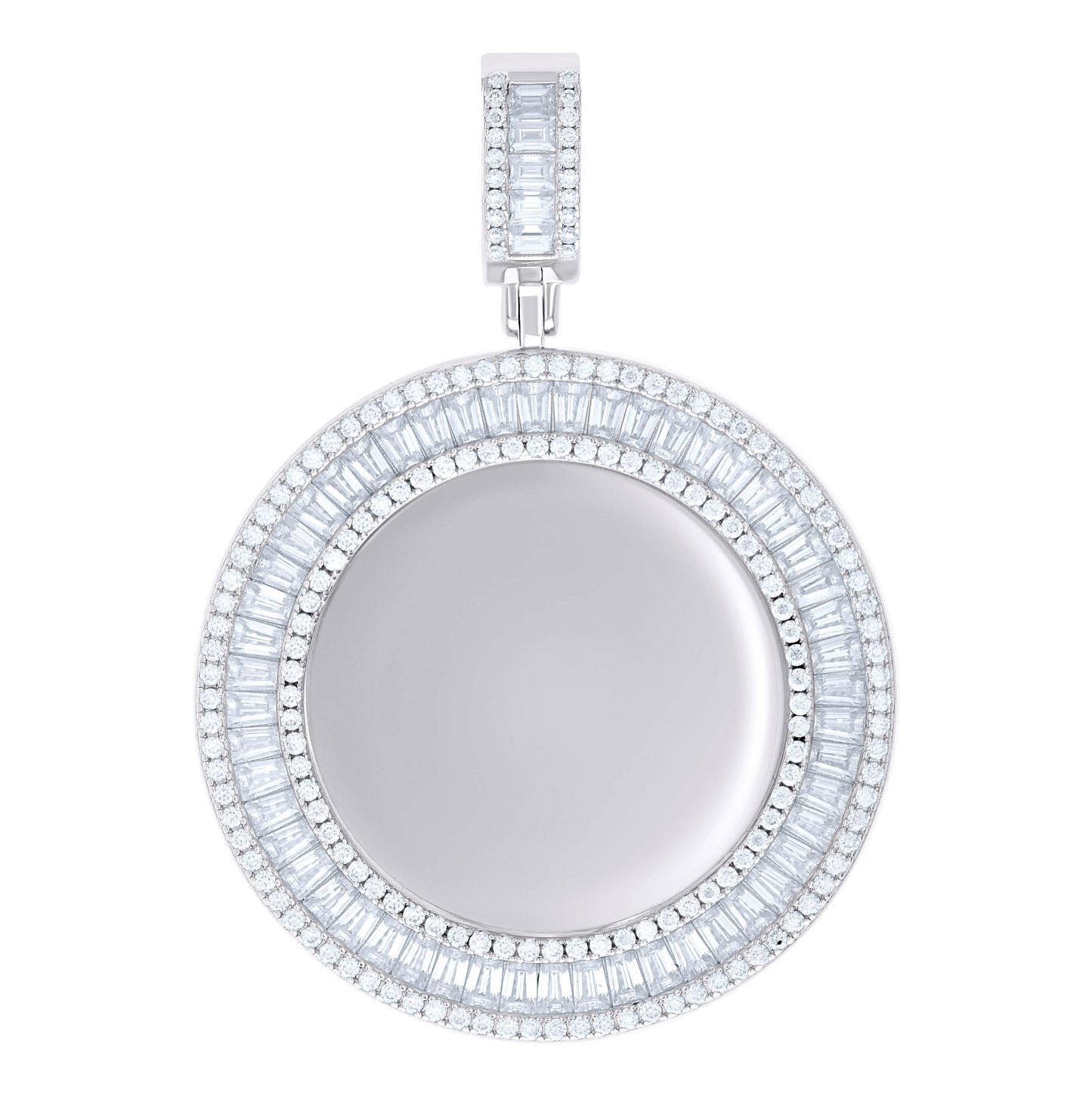 Sterling Silver Unisex Round Baguette Moissanite Memory Picture Frame Charm Pendant