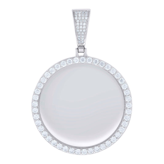 Sterling Silver Unisex Round Moissanite Memory Picture Frame Charm Pendant