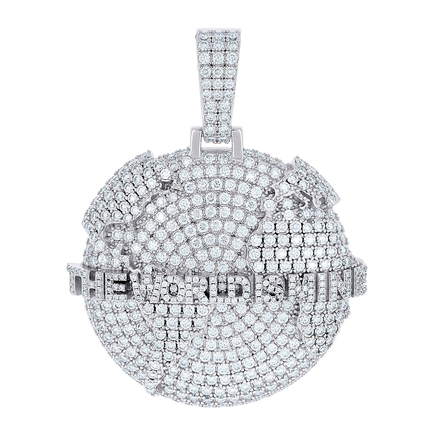 Sterling Silver Mens Round Moissanite The World Is Mine Globe Charm Pendant