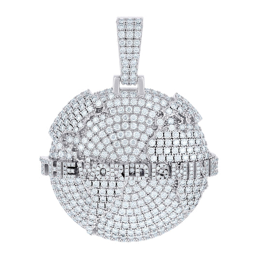 Sterling Silver Mens Round Moissanite The World Is Mine Globe Charm Pendant