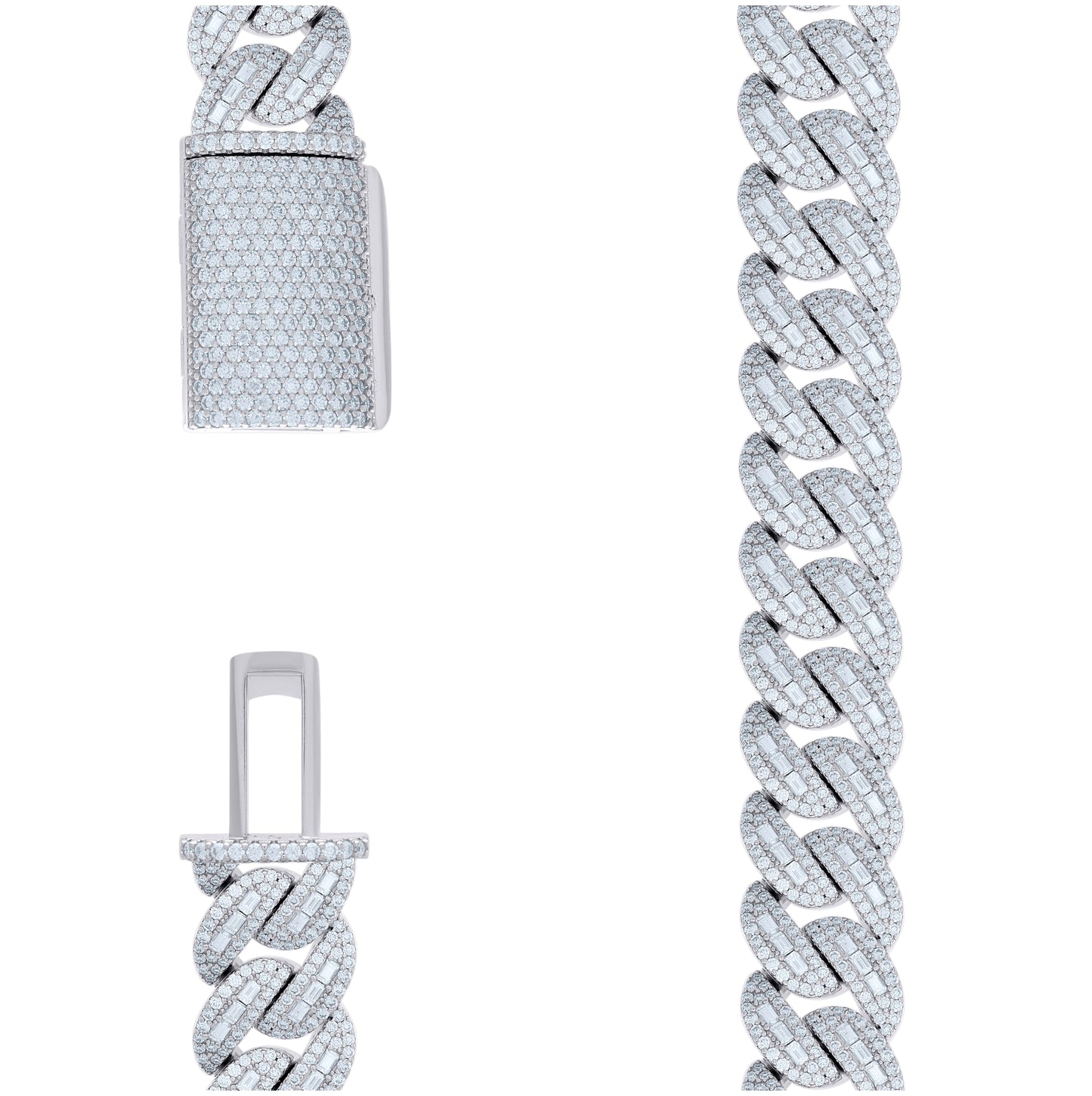 Sterling Silver Baguette Round 83.80 Cttw Moissanite Miami Cuban Chain 20mm 22 Inches