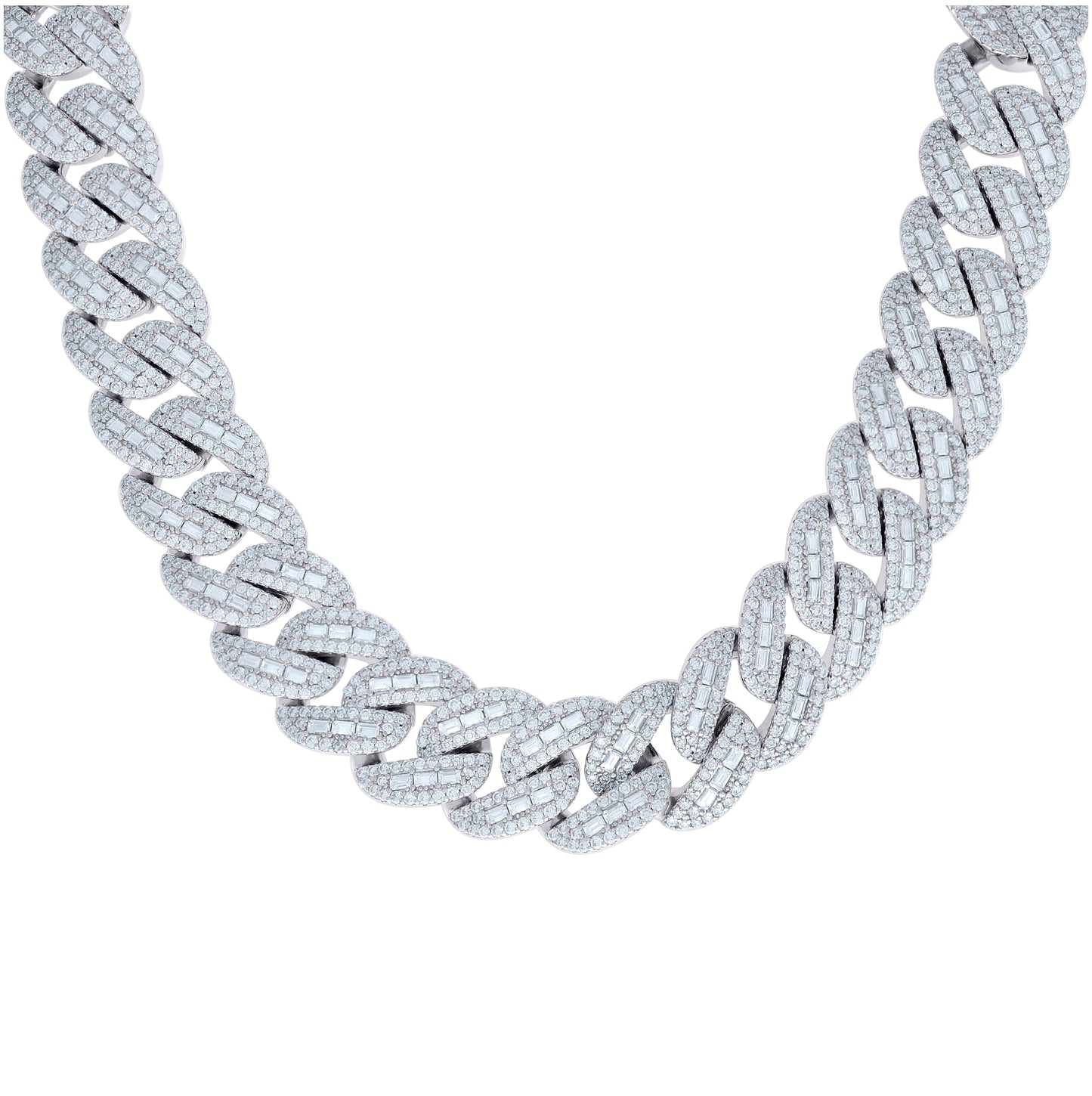Sterling Silver Baguette Round 83.80 Cttw Moissanite Miami Cuban Chain 20mm 22 Inches