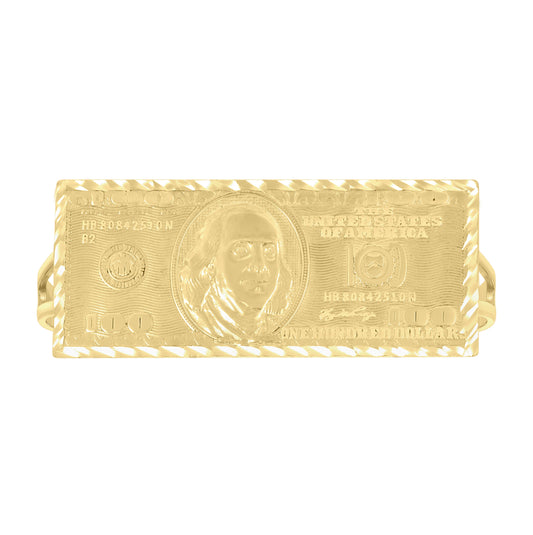 10K Yellow Gold Mens Two Finger 100 Dollar Bill Currency Ring