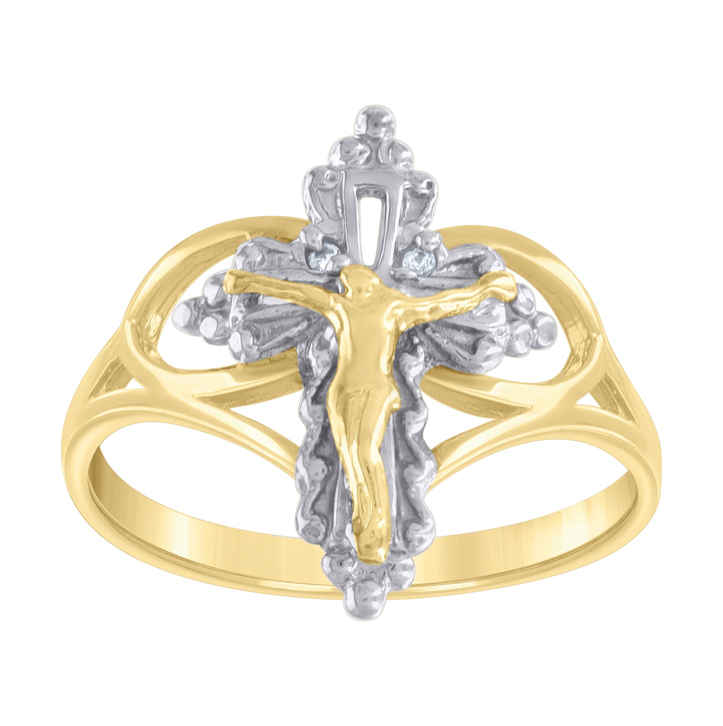 10K Two-tone Gold Womens Crucifix Cross Religious Ring