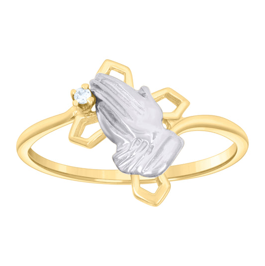 10K Two-tone Gold Womens Cubic-Zirconia Cross Praying Hands Symbol Religious Ring