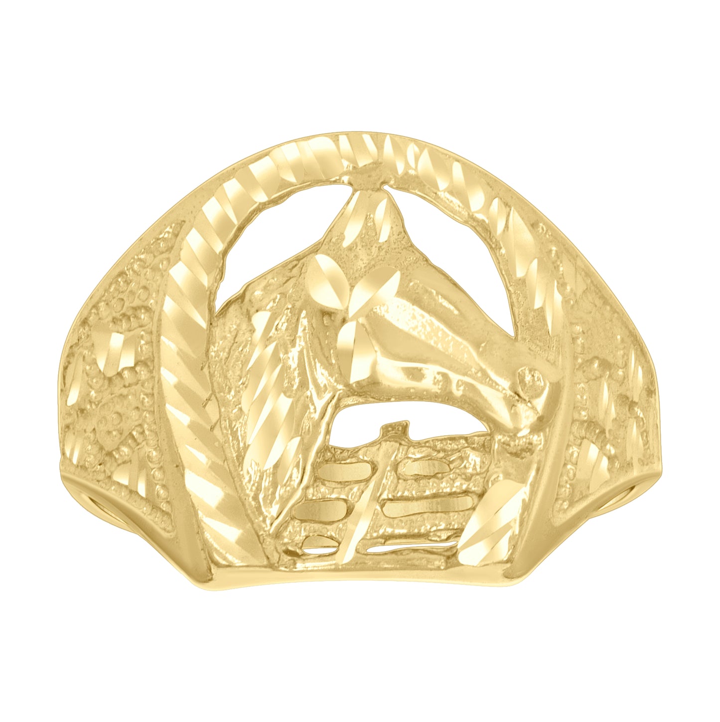 10K Yellow Gold Mens Horse Head Horseshoe Good Luck Ring