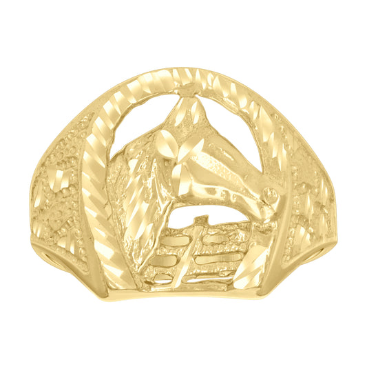 10K Yellow Gold Mens Horse Head Horseshoe Good Luck Ring